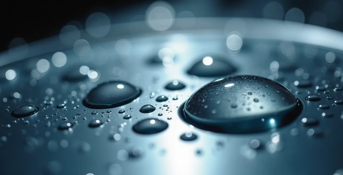 Macro photograph of water droplets on a metallic surface showing retention patterns