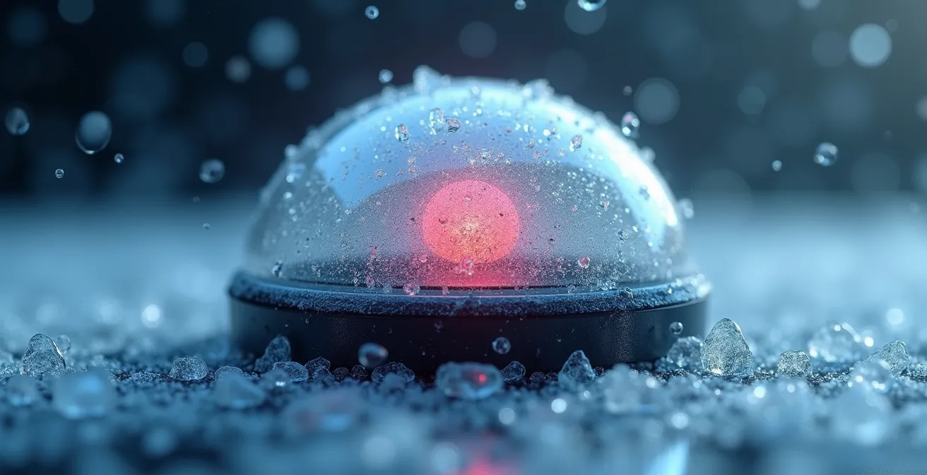 Extreme close-up of ice-covered vehicle sensor demonstrating weather impact