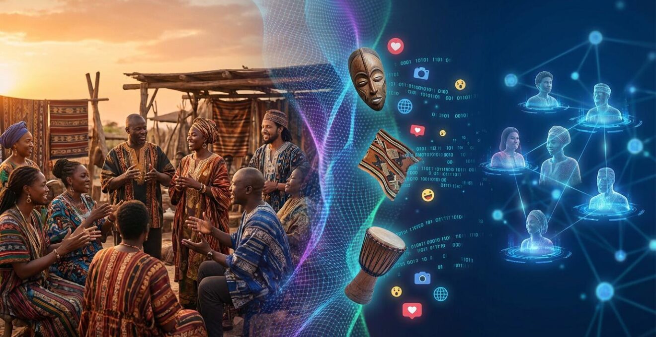 Abstract visualization of human profiles transitioning from distinct cultural patterns to unified digital nodes, showing algorithmic influence on cultural transformation