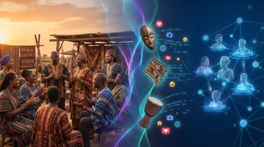 Abstract visualization of human profiles transitioning from distinct cultural patterns to unified digital nodes, showing algorithmic influence on cultural transformation