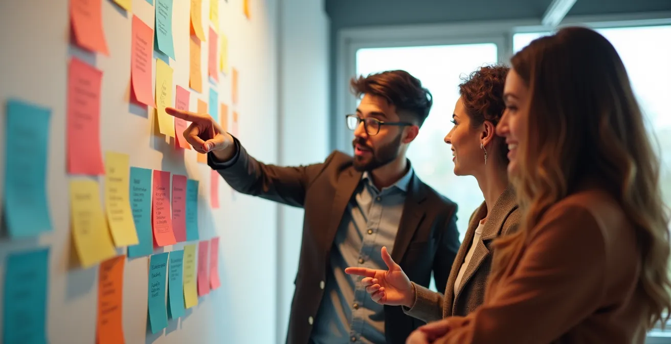 Team collaborating around story map on wall