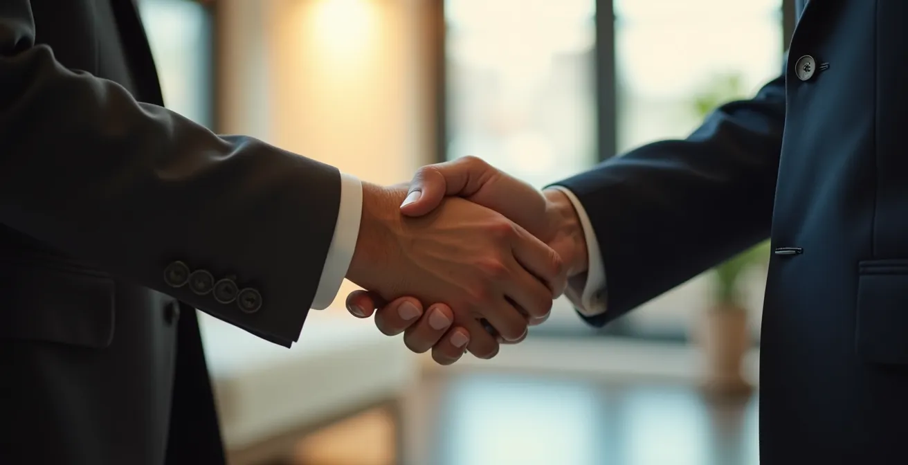Professional handshake representing respectful business partnership conclusion