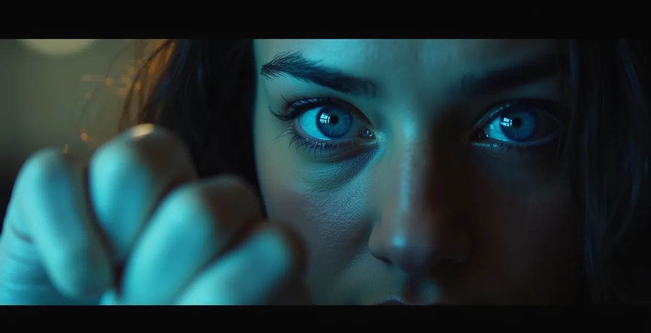 Close-up portrait of a person's eyes reflecting screen light with visible tension