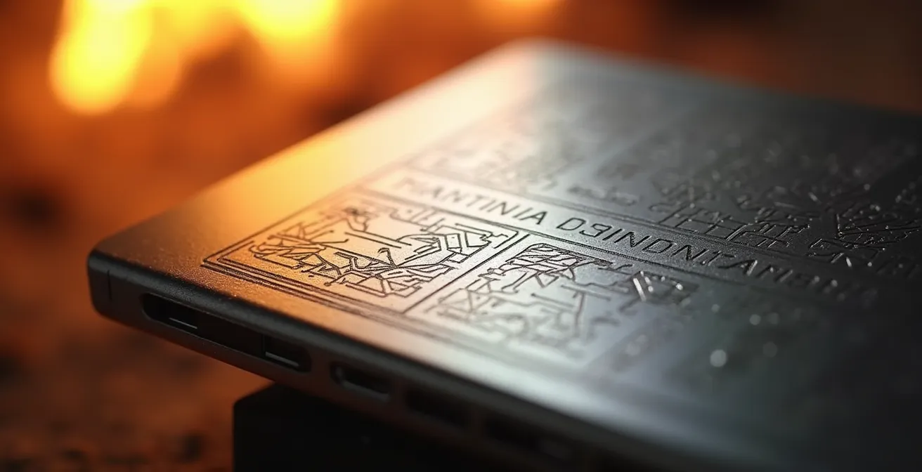 Macro shot of titanium plate with engraved patterns showing fire resistance properties