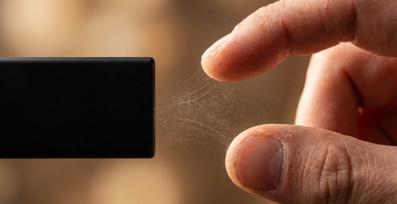 Extreme close-up of a hand reaching for a phone showing subtle magnetic-like attraction visualization