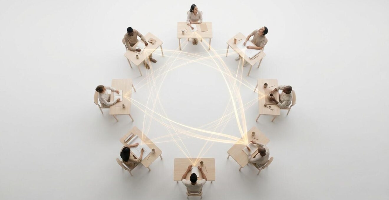 Diverse individuals connected through glowing threads forming a web of shared experiences in a minimalist digital space