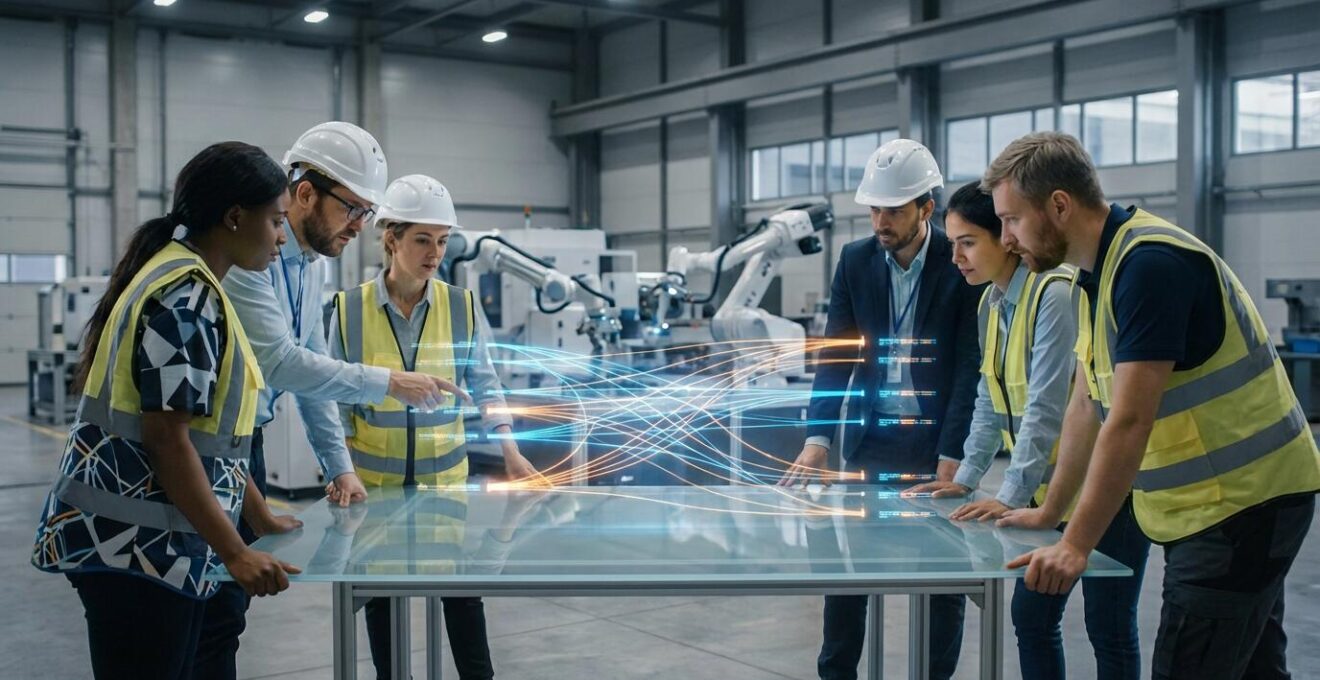 Manufacturing team collaborating around holographic digital interface showcasing Industry 4.0 transformation