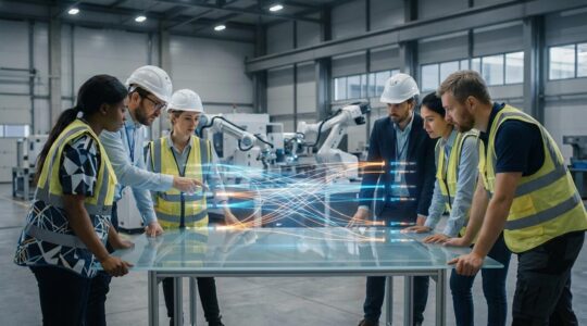 Manufacturing team collaborating around holographic digital interface showcasing Industry 4.0 transformation
