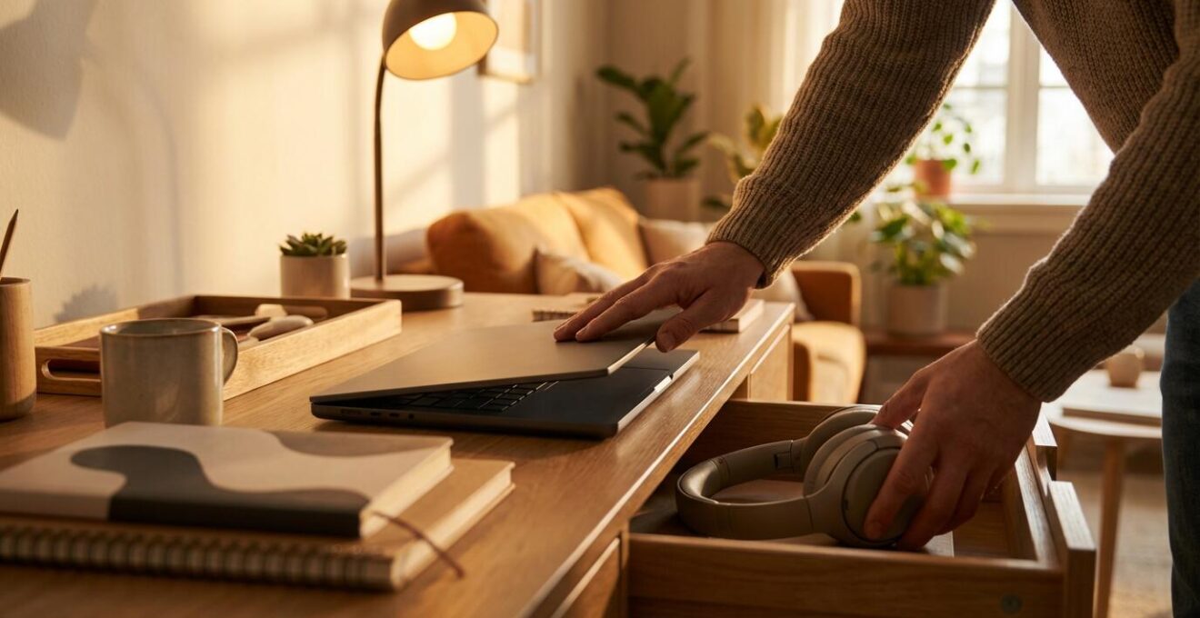 Workspace showing physical transition from work mode to personal time