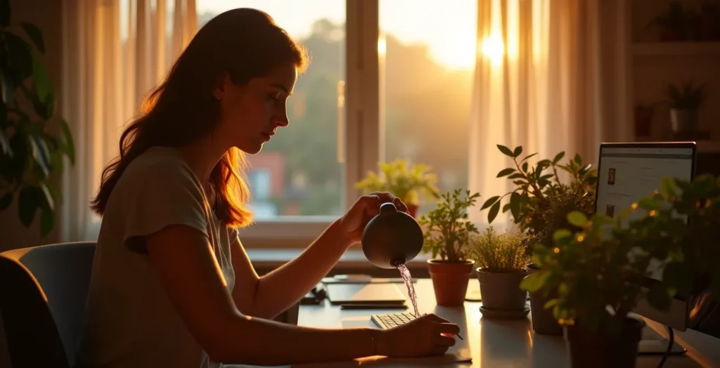 A person calmly watering a collection of indoor plants near a home office desk, with warm evening light streaming through the window. A person calmly watering a collection of indoor plants near a home office desk, with warm evening light streaming through the window.